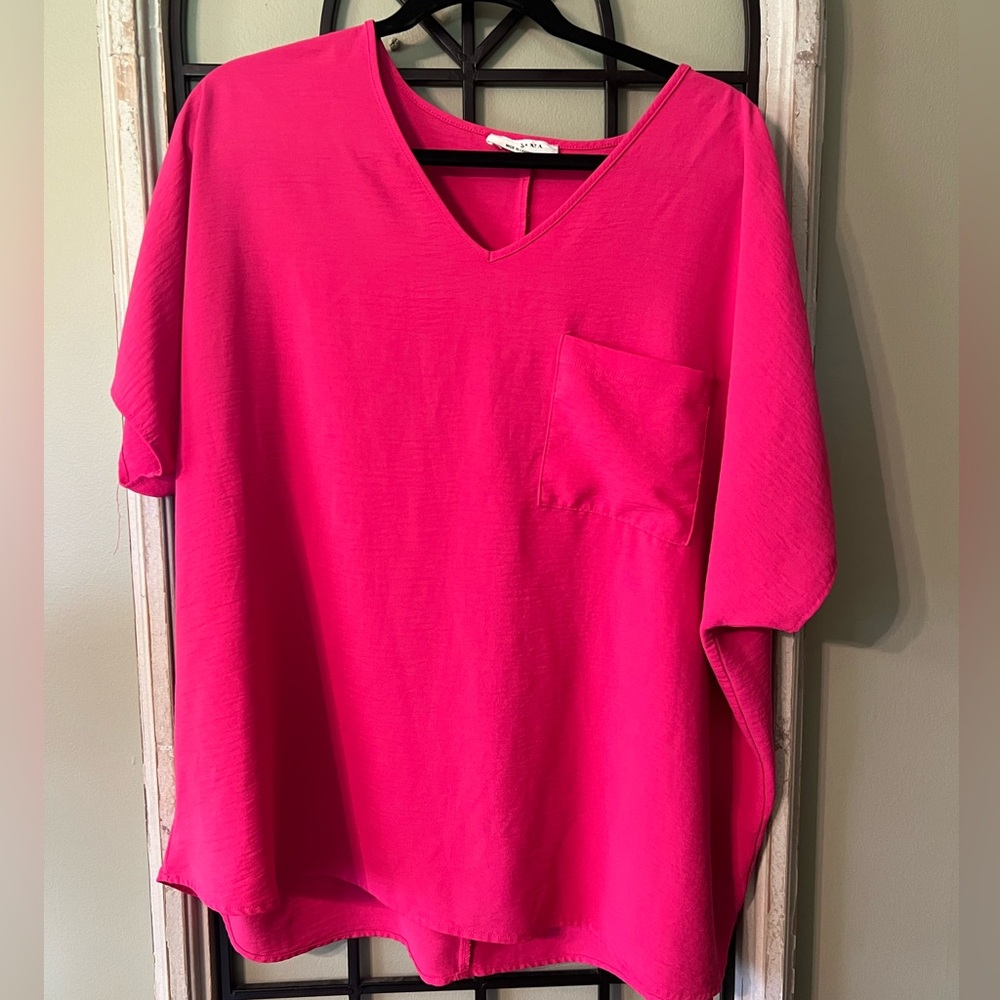 Zenana Outfitters Hot Pink V-Neck Blouse